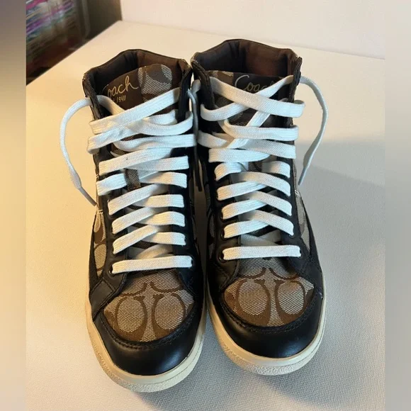 Coach Ellis Signature Canvas Womens Sz 6.5 High Top Khaki Brown Sneakers Shoes - Picture 2 of 10